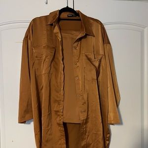 Camel Color stain loose fit 2 pcs set. Button up shirt and straight satin pants